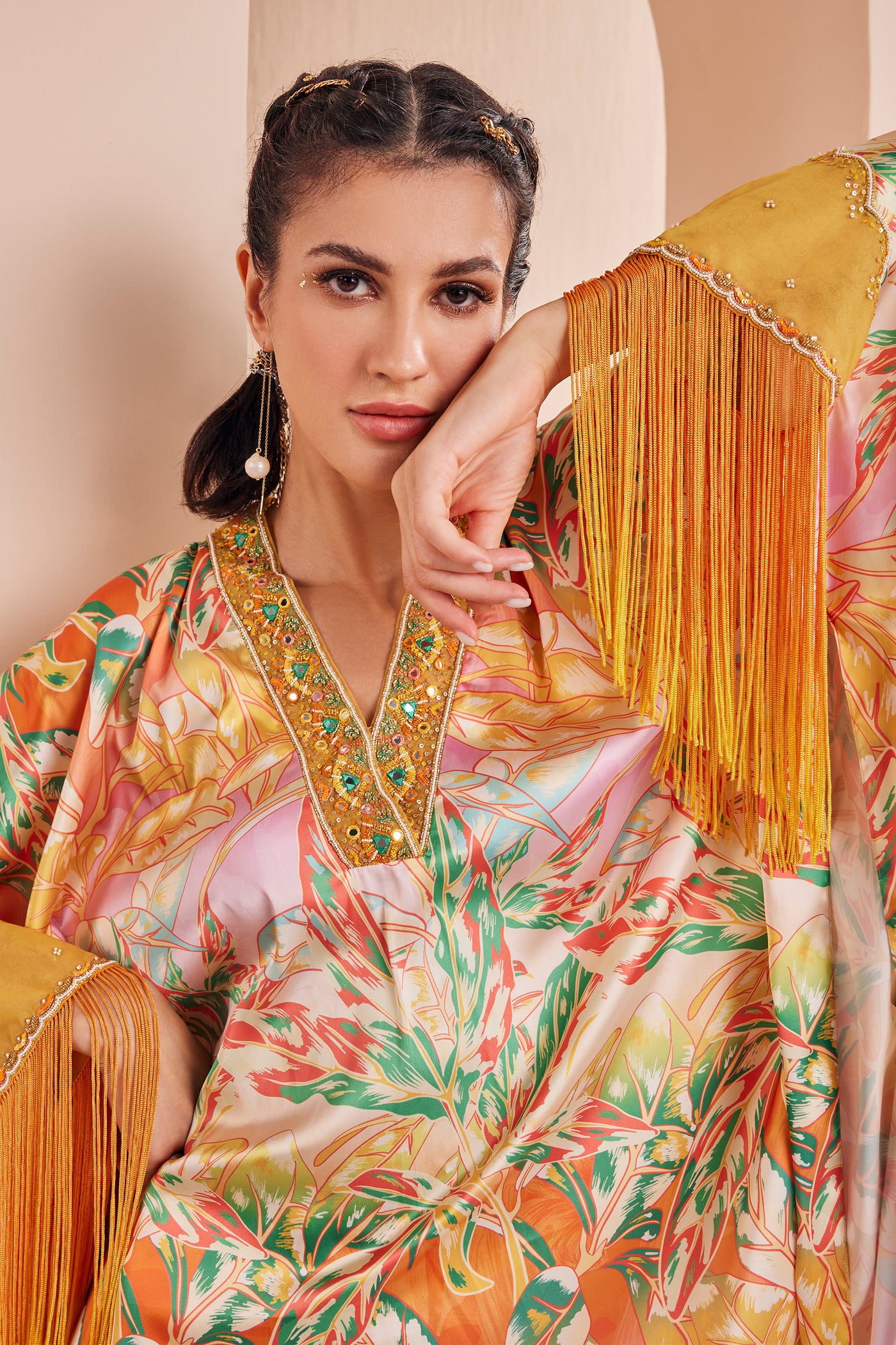 Mandira Wirk Yellow Leafy Ash Printed Satin Kaftan Kurta And Dhoti indian designer wear online shopping melange singapore