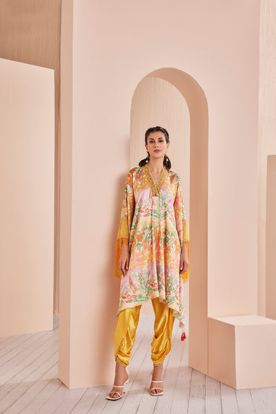 Mandira Wirk Yellow Leafy Ash Printed Satin Kaftan Kurta And Dhoti indian designer wear online shopping melange singapore