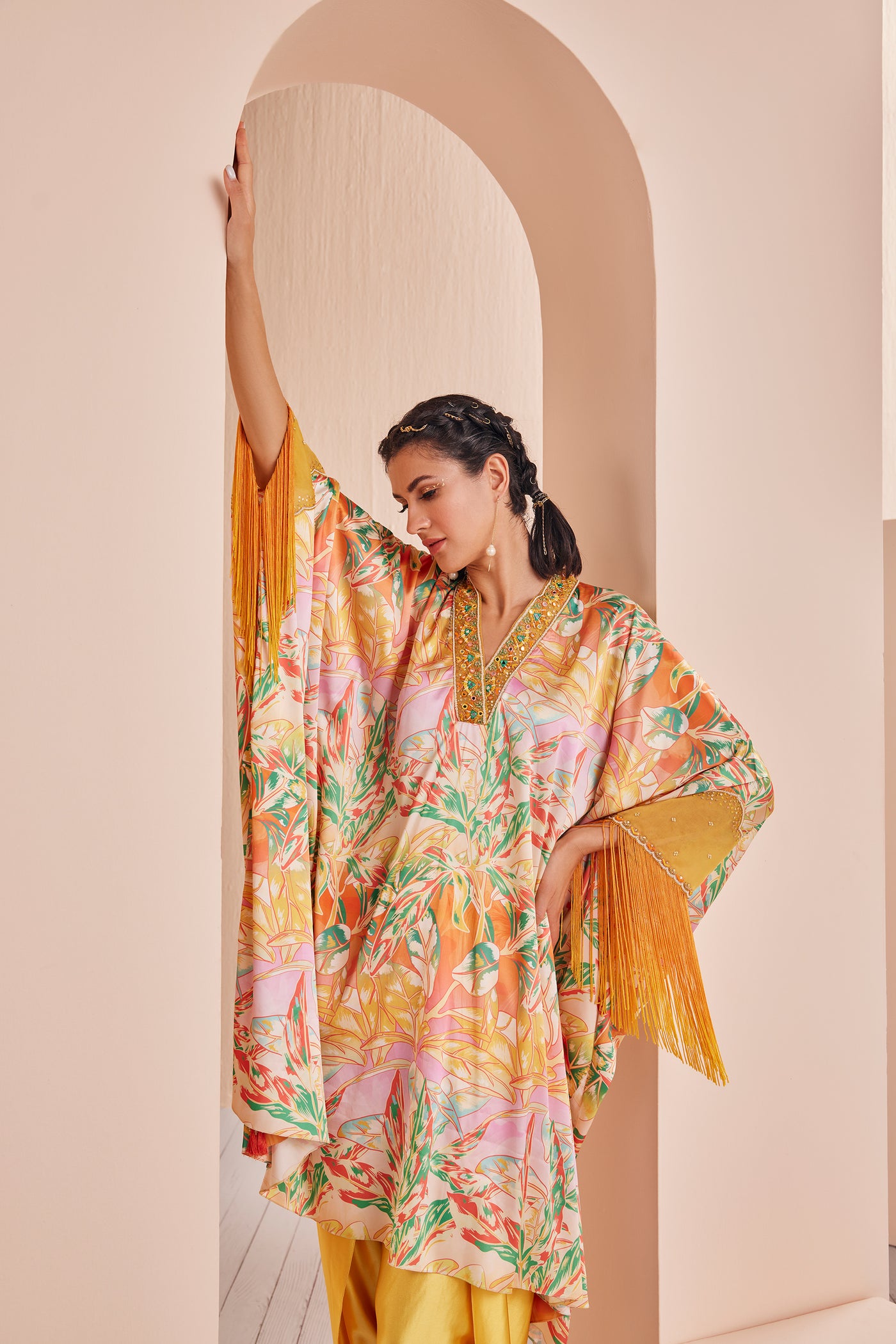 Mandira Wirk Yellow Leafy Ash Printed Satin Kaftan Kurta And Dhoti indian designer wear online shopping melange singapore