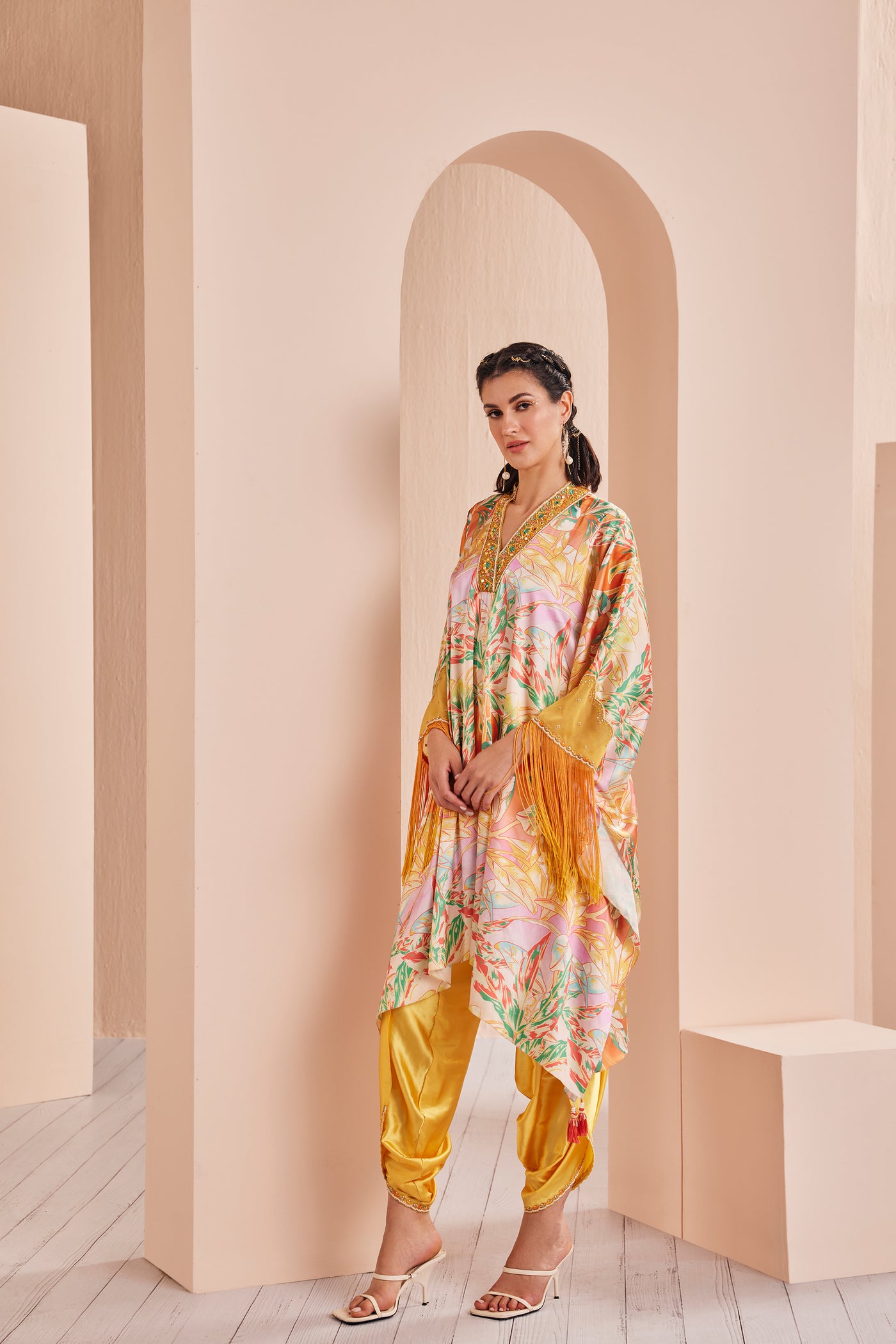 Mandira Wirk Yellow Leafy Ash Printed Satin Kaftan Kurta And Dhoti indian designer wear online shopping melange singapore