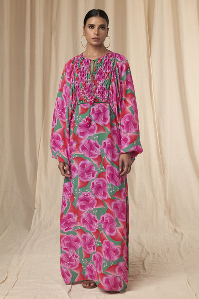 Masaba Ariel Sea Green Bloomerang Smocked Kaftan Dress indian designer wear online shopping melange singapore
