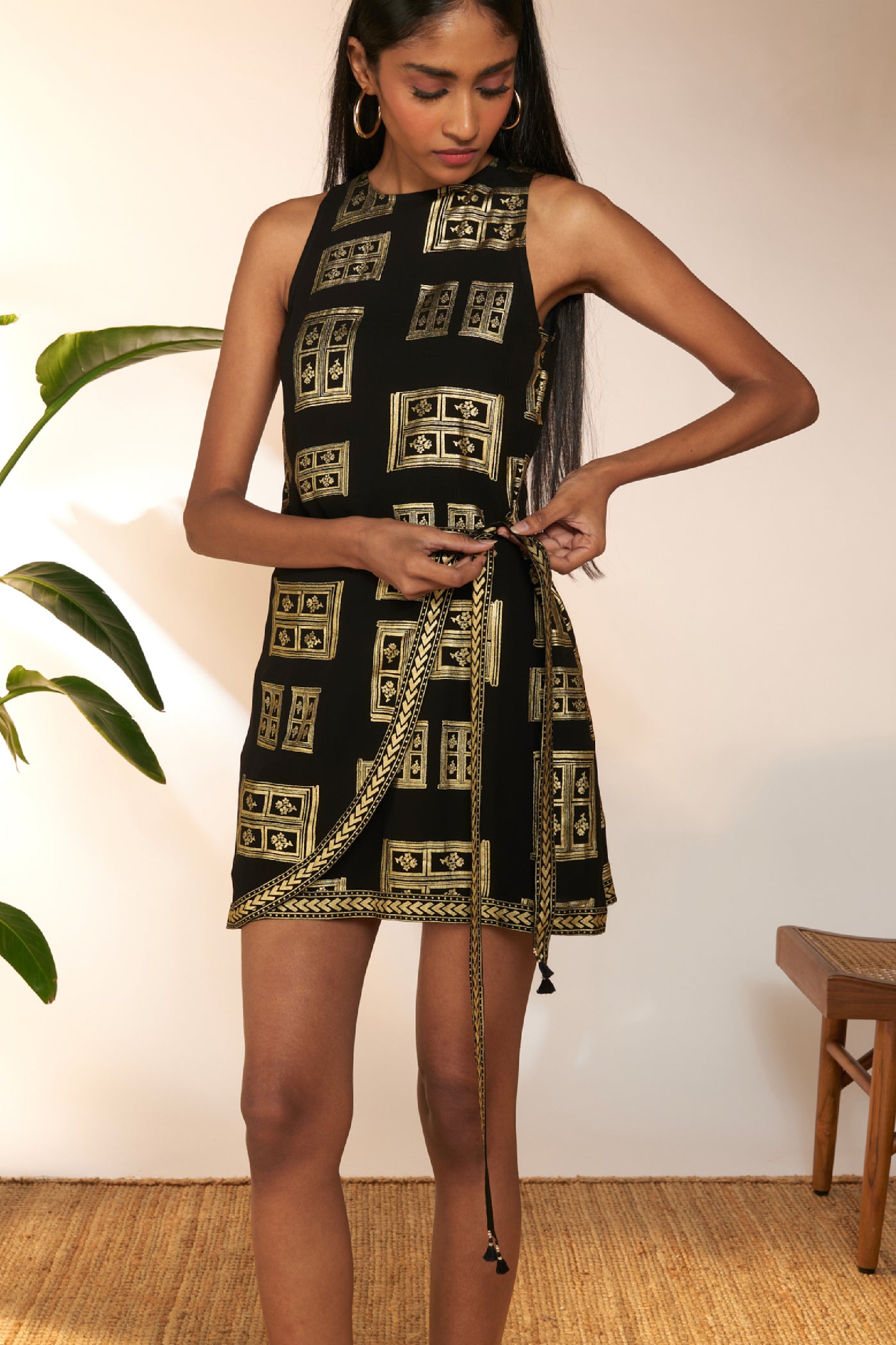 Masaba Black Open Door Foil Mini Wrap Dress indian designer wear online shopping melange singapore