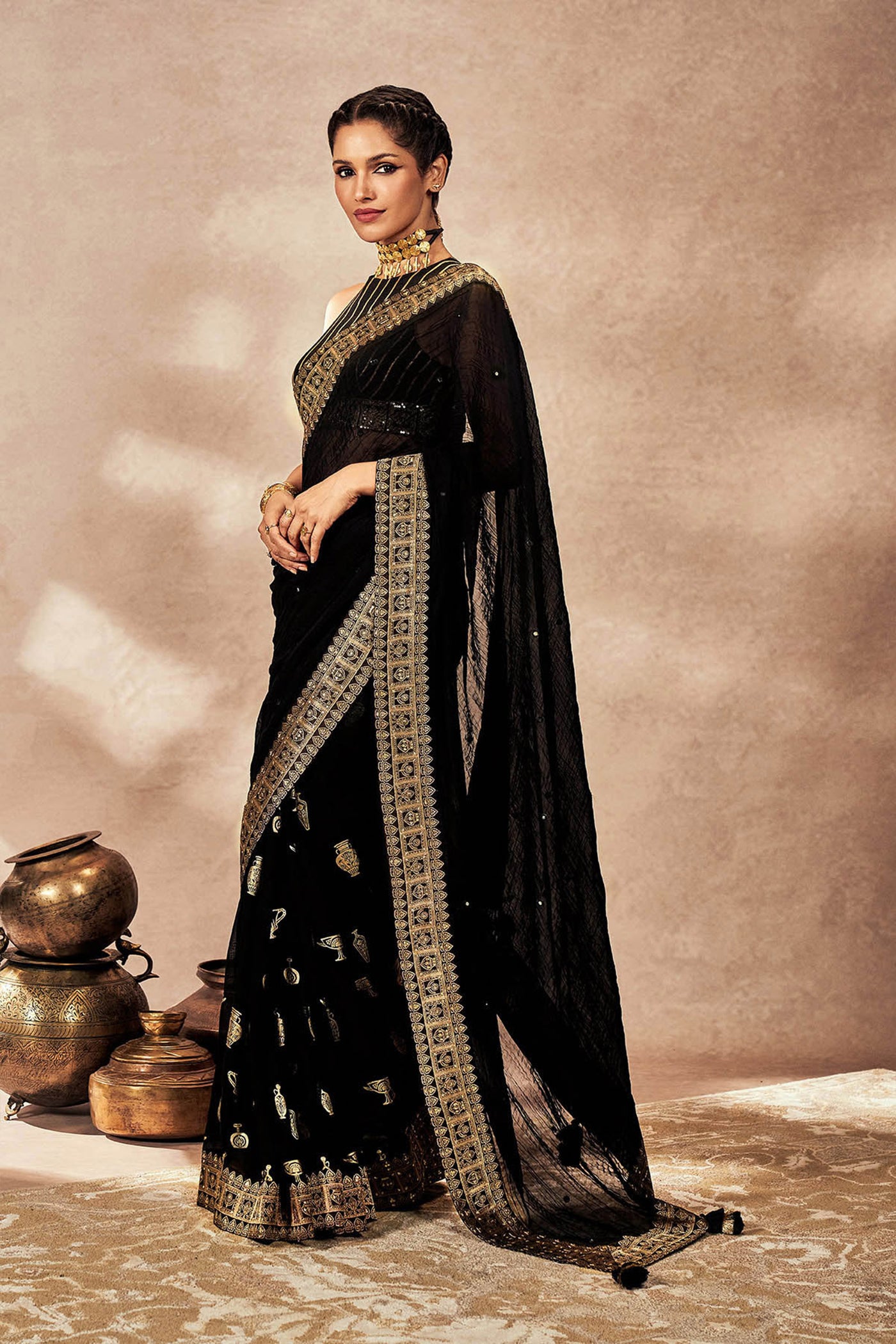 Masaba Black Potters Touch Crushed Saree indian designer wear online shopping melange singapore