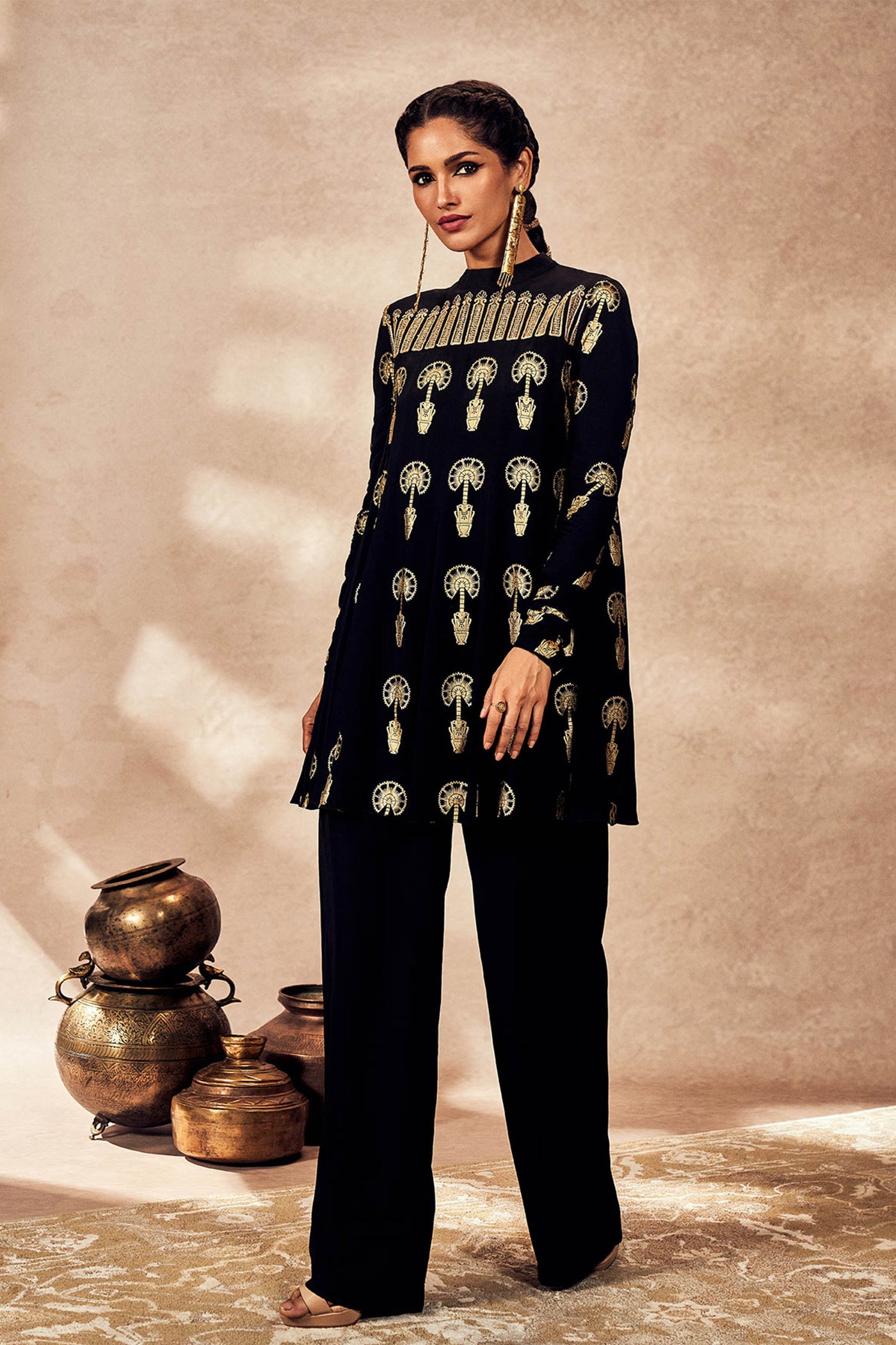 Masaba Black Traveler's Palm Tunic Set indian designer wear online shopping melange singapore