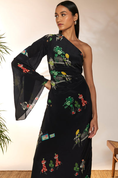 Masaba Black Tropical One Shoulder Dress indian designer wear online shopping melange singapore