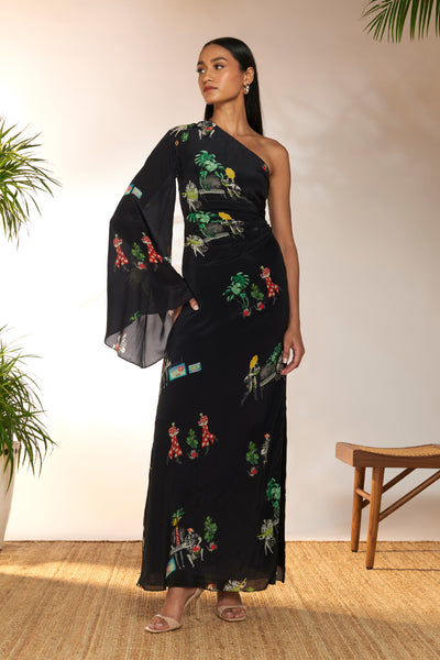 Masaba Black Tropical One Shoulder Dress indian designer wear online shopping melange singapore