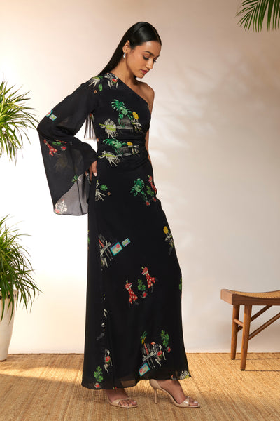 Masaba Black Tropical One Shoulder Dress indian designer wear online shopping melange singapore