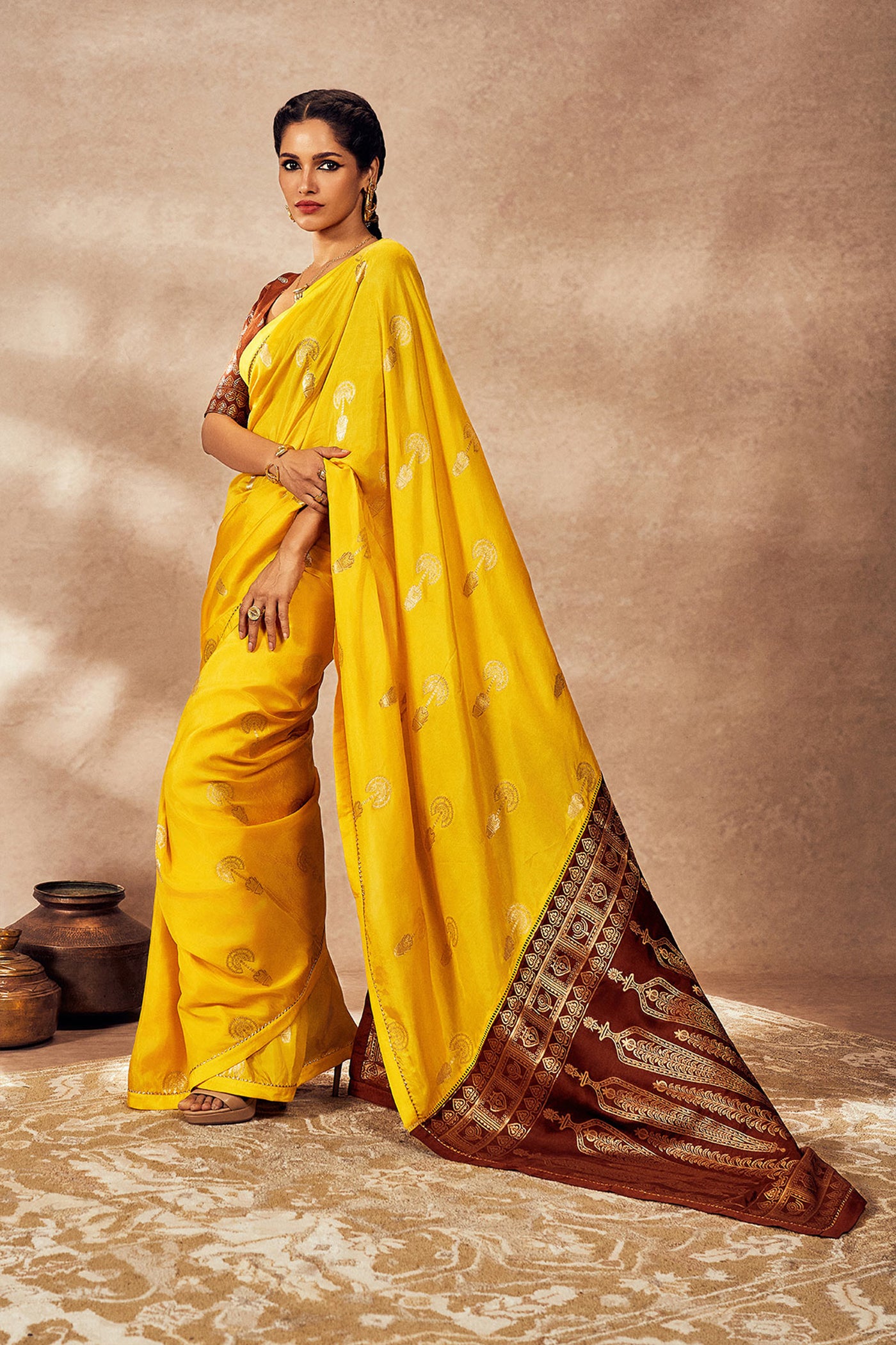 Masaba Brown And Yellow Jacquard Saree indian designer wear online shopping melange singapore