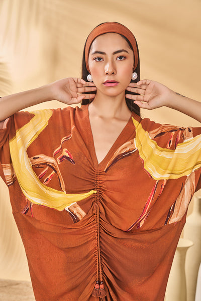 Masaba Brown Feathered Cinched Kaftan indian designer wear online shopping melange singapore