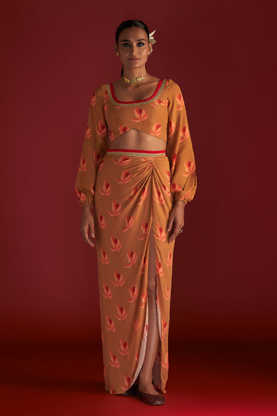 Masaba Caramel Nectar Cup Drape Skirt Set Indian designer wear online shopping melange singapore