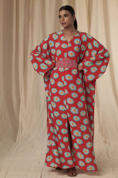 Masaba Daphne Mid Size Red Crazy Daisy Kaftan Dress with Belt indian designer wear online shopping melange singapore