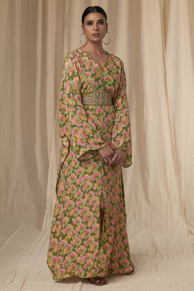 Masaba Daphne Sap Green Little Garden Kaftan Dress With Belt indian designer wear online shopping melange singapore