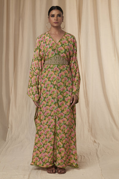 Masaba Daphne Sap Green Little Garden Kaftan Dress With Belt indian designer wear online shopping melange singapore