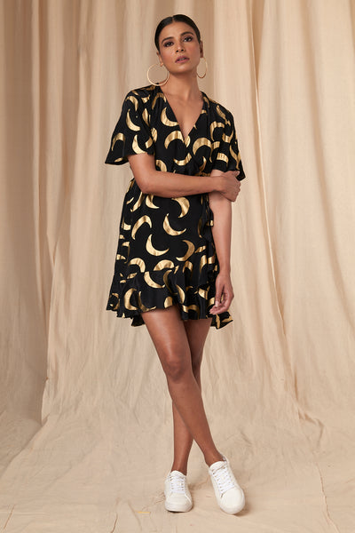 Masaba Georgia Black Mooncrest Gold foil Short Wrap Dress indian designer wear online shopping melange singapore