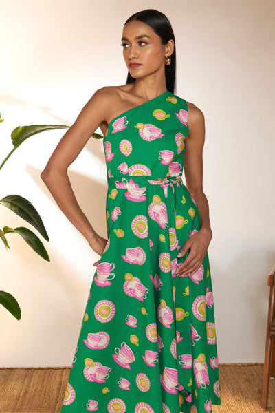 Masaba Green And Pink Special Cutting One Shoulder Dress  indian designer wear online shopping melange singapore