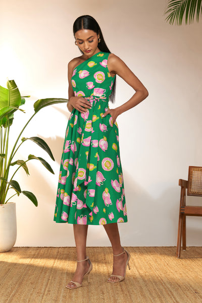 Masaba Green And Pink Special Cutting One Shoulder Dress  indian designer wear online shopping melange singapore