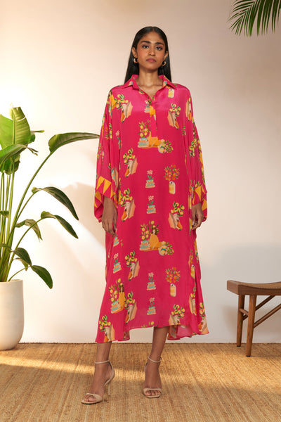 Masaba Hot Pink Tangy Tango Collar Kaftan indian designer wear online shopping melange singapore