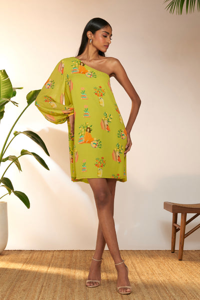 Masaba Lime Tangy Tango One Shoulder Mini Dress indian designer wear online shopping melange singapore