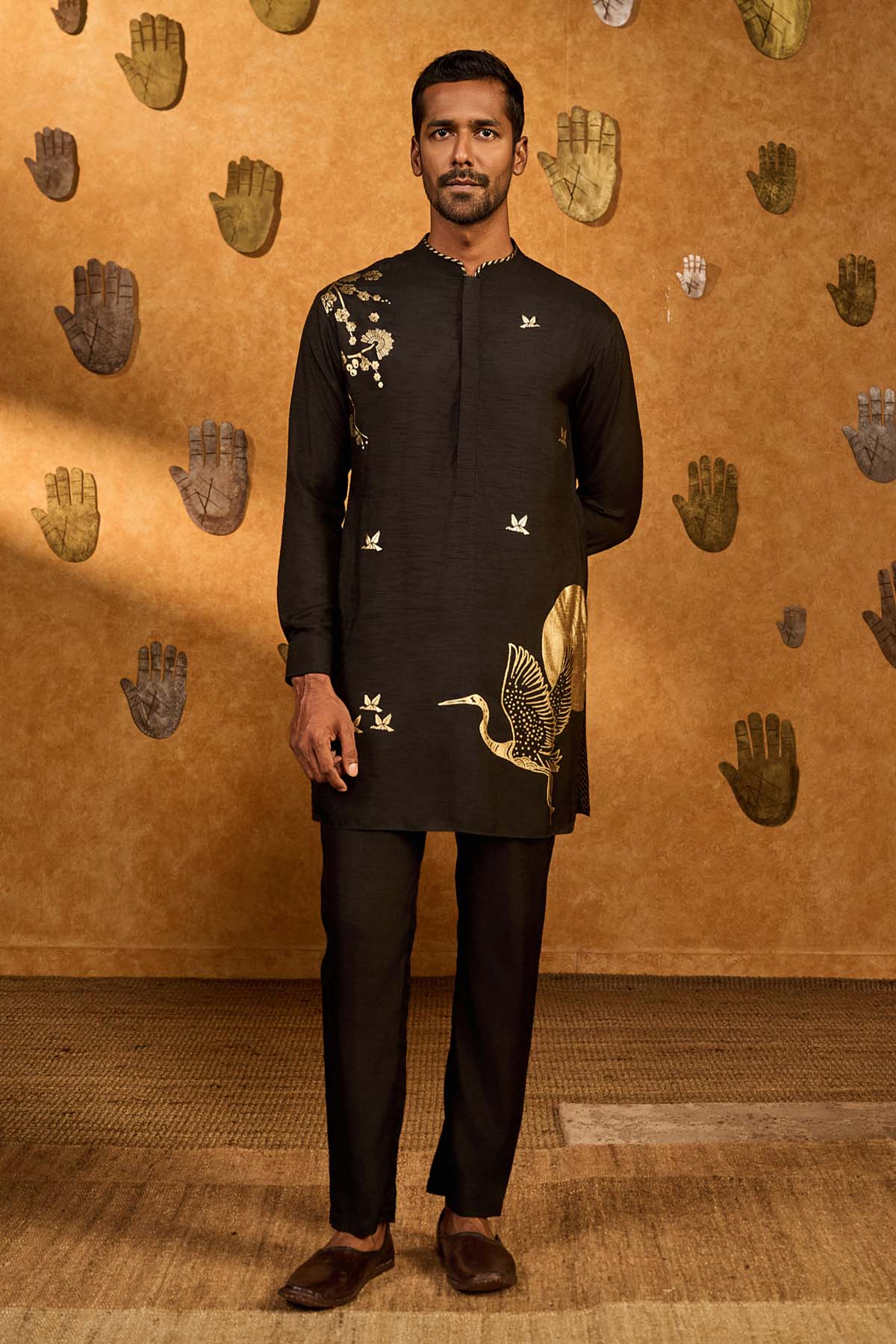 Masaba Menswear Black Crane Dawn Kurta Set indian designer wear online shopping melange singapore