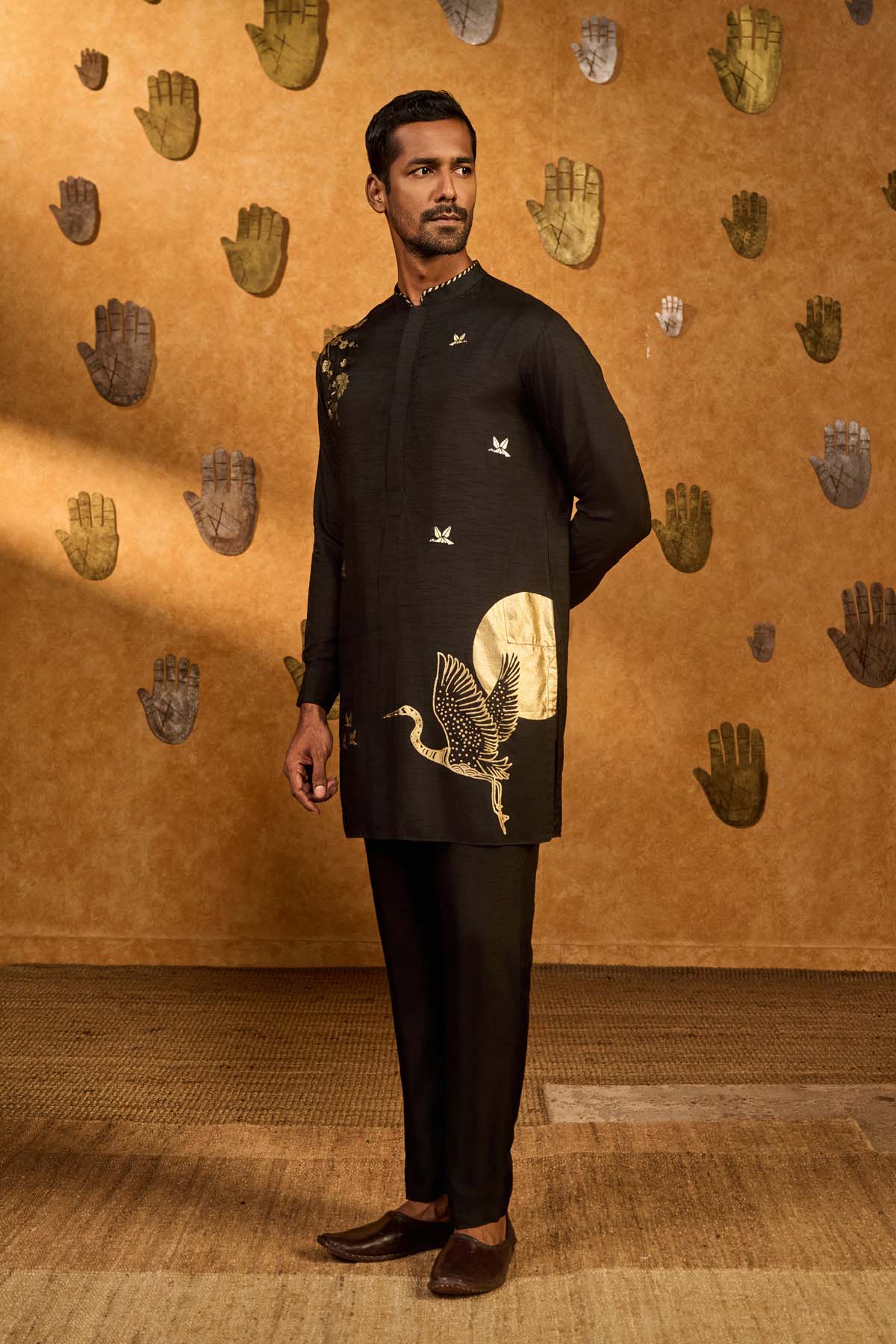 Masaba Menswear Black Crane Dawn Kurta Set indian designer wear online shopping melange singapore