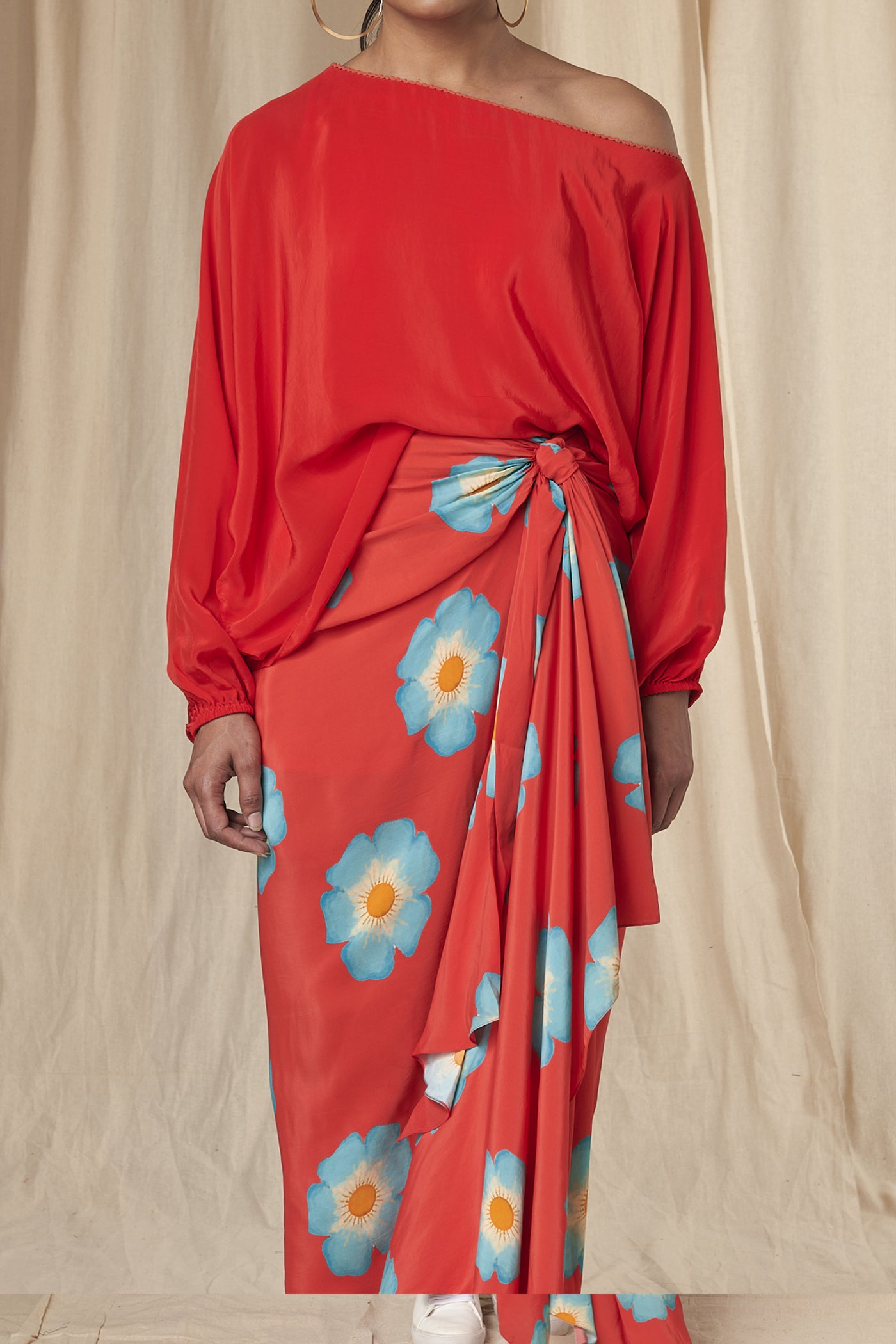 Masaba Miranda Big Size Red Crazy Daizy One Shoulder Poncho with Drape Skirt Set indian designer wear online shopping