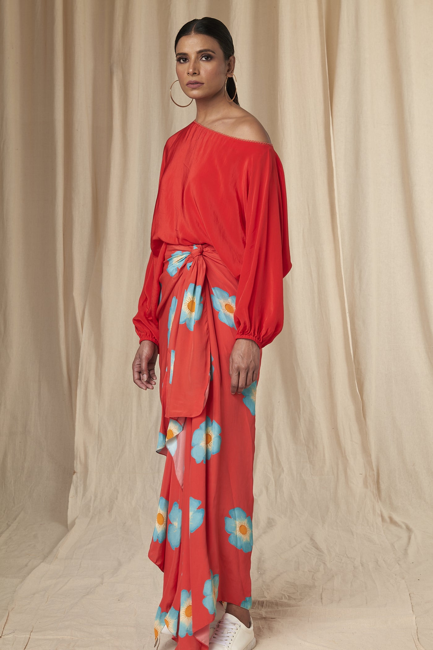 Masaba Miranda Big Size Red Crazy Daizy One Shoulder Poncho with Drape Skirt Set indian designer wear online shopping