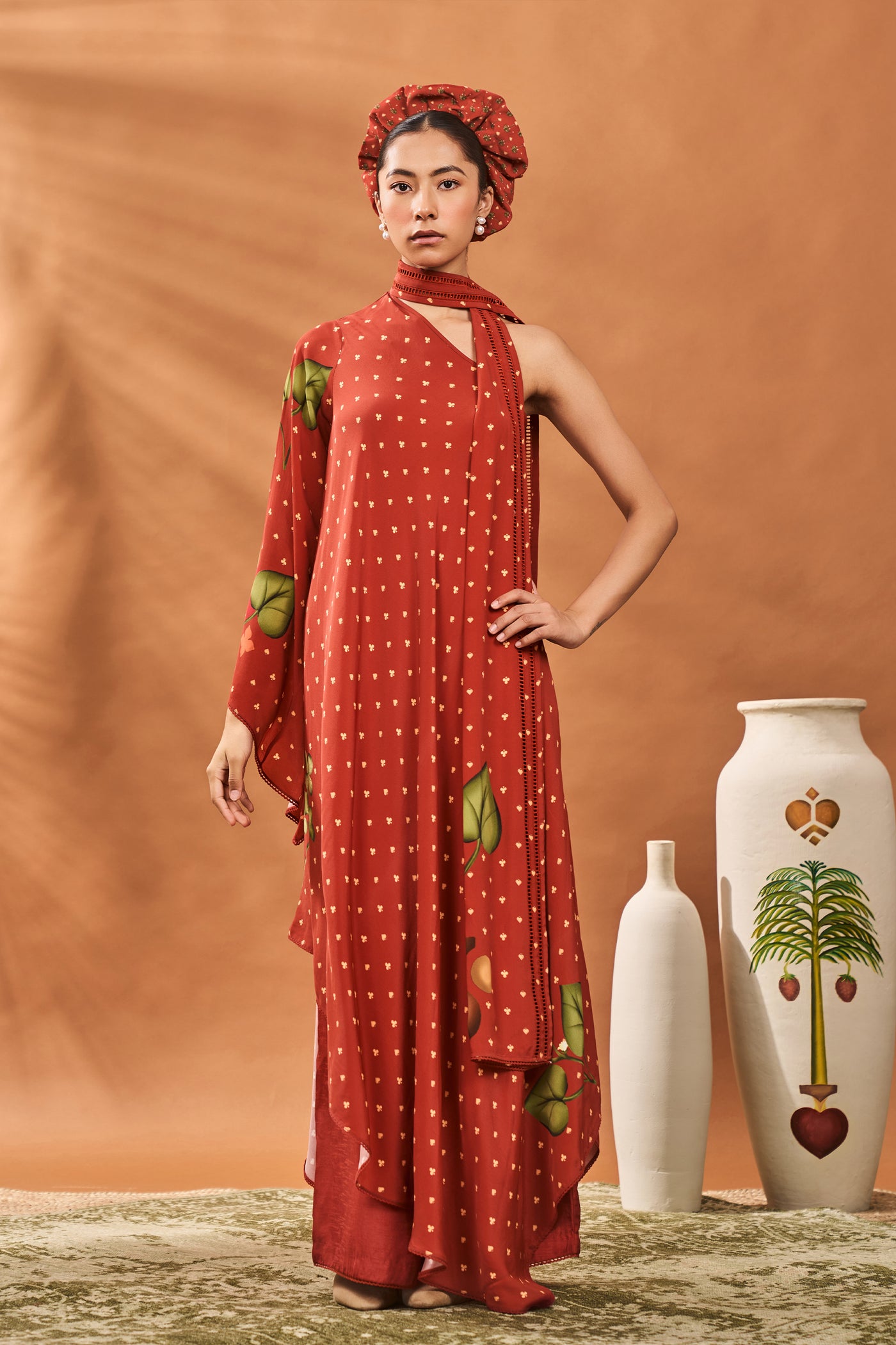 Masaba Red Meadow One Shoulder Tunic Set indian designer wear online shopping melange singapore