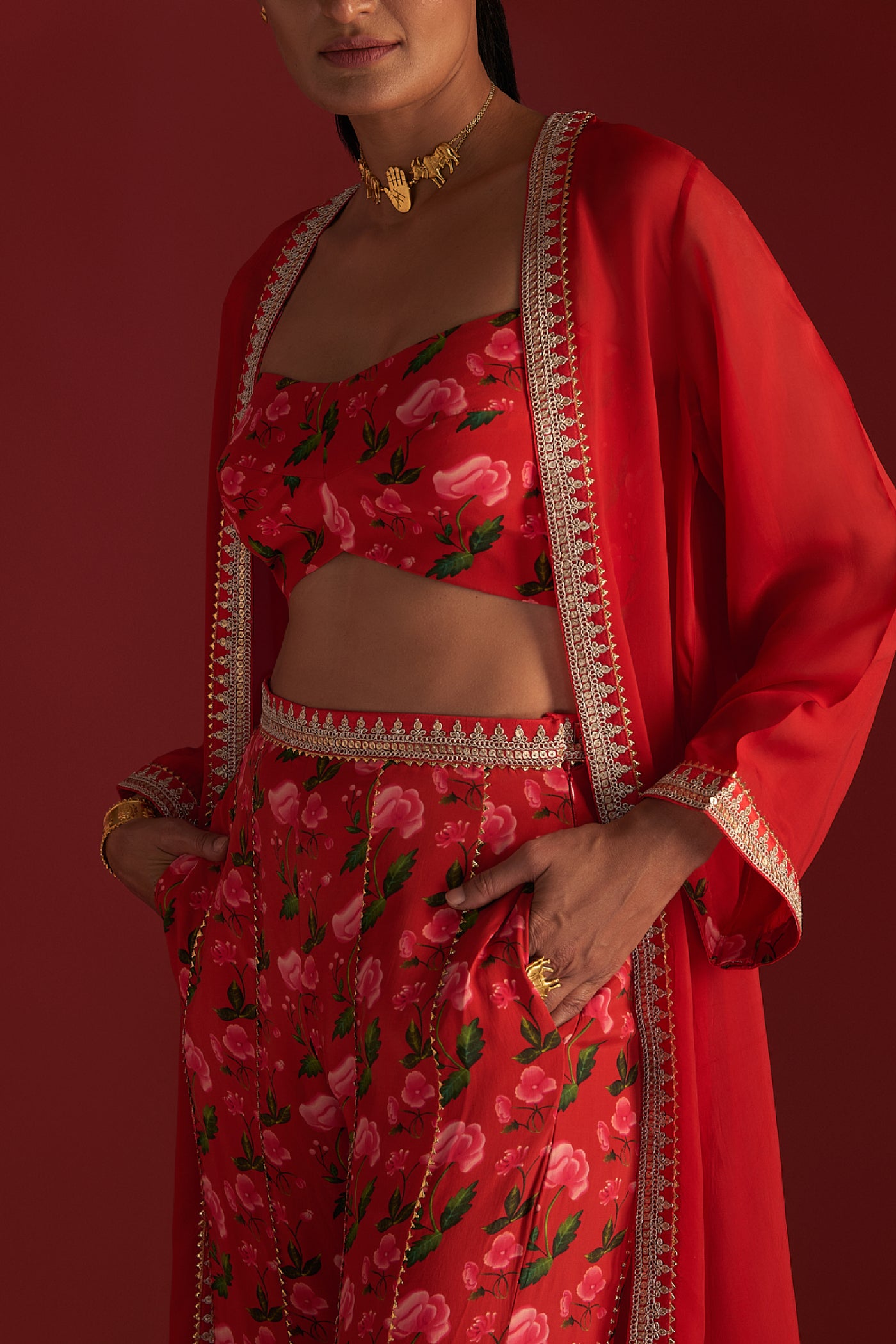 Masaba Red Rain Lily Cape Set Indian designer wear online shopping melange singapore