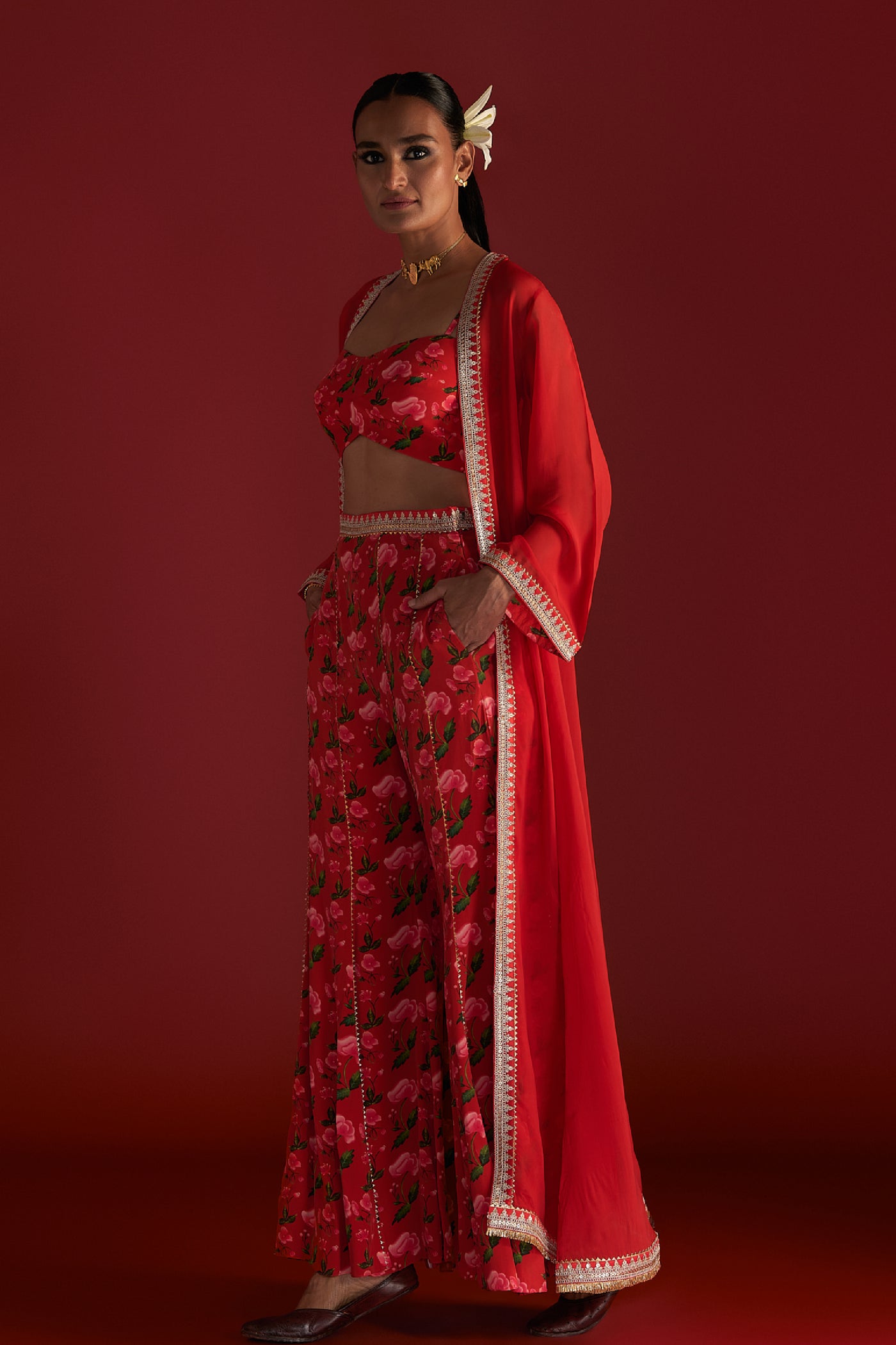 Masaba Red Rain Lily Cape Set Indian designer wear online shopping melange singapore