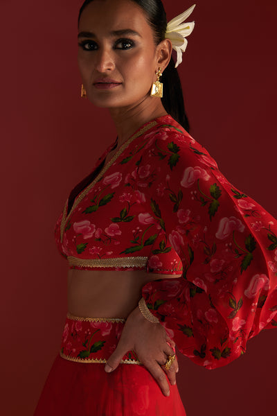 Masaba Red Rain Lily Layered Skirt Set Indian designer wear online shopping melange singapore