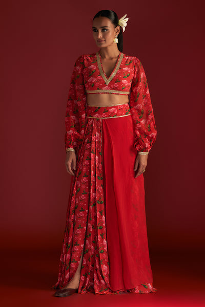 Masaba Red Rain Lily Layered Skirt Set Indian designer wear online shopping melange singapore