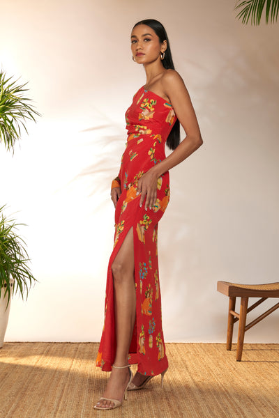 Masaba Red Tangy Tango One Shoulder Kaftan Dress indian designer wear online shopping melange singapore