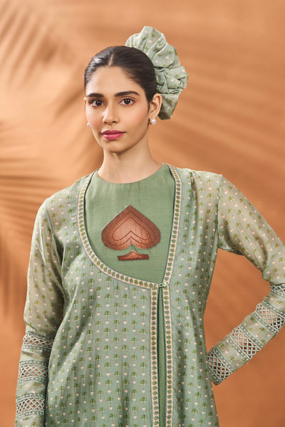 Masaba Sage Green Tree Of Hearts Angrakha Kurta Set indian designer wear online shopping melange singapore
