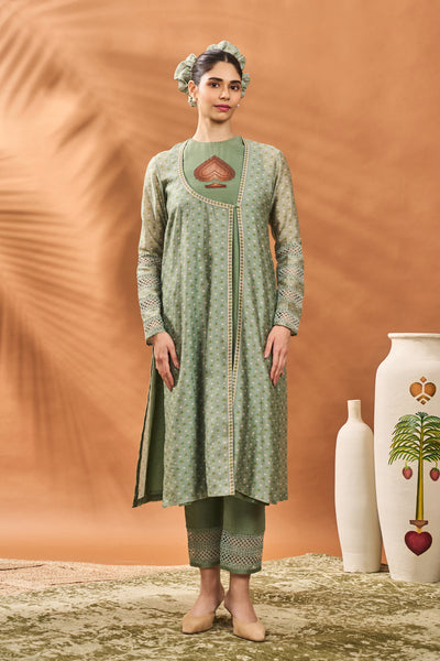 Masaba Sage Green Tree Of Hearts Angrakha Kurta Set indian designer wear online shopping melange singapore
