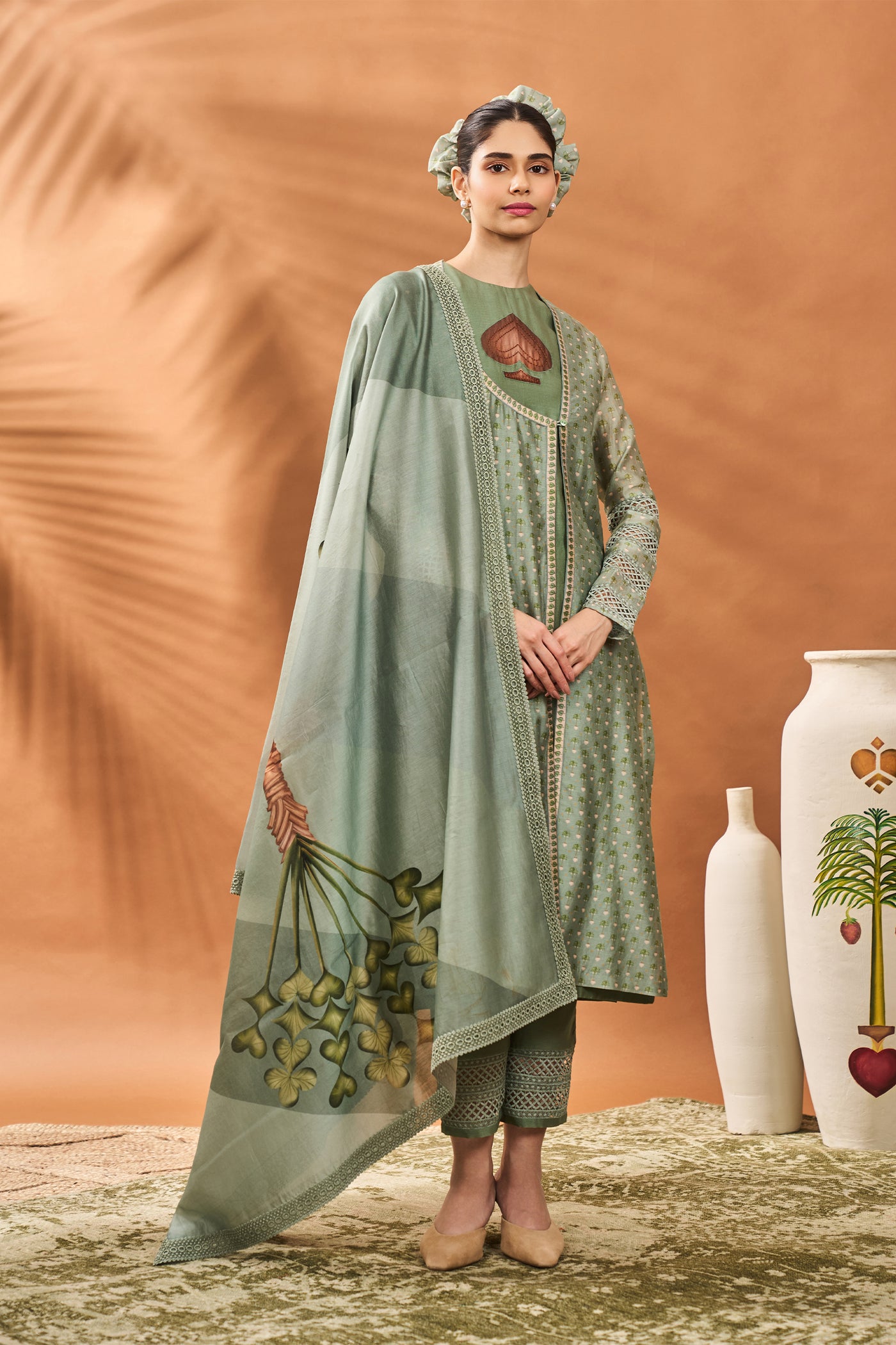 Masaba Sage Green Tree Of Hearts Angrakha Kurta Set indian designer wear online shopping melange singapore
