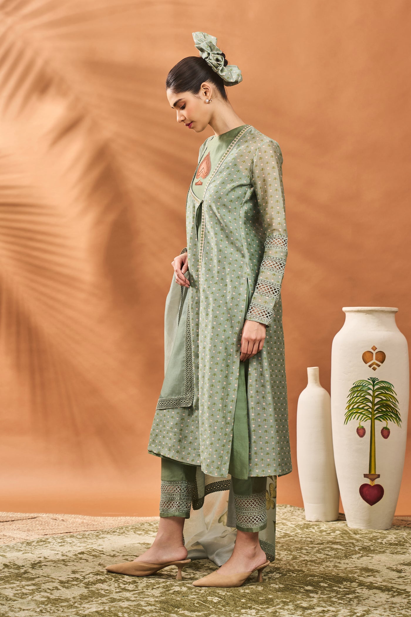 Masaba Sage Green Tree Of Hearts Angrakha Kurta Set indian designer wear online shopping melange singapore
