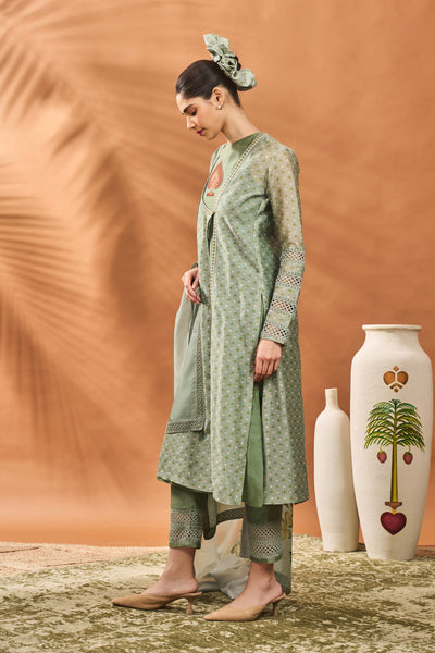 Masaba Sage Green Tree Of Hearts Angrakha Kurta Set indian designer wear online shopping melange singapore
