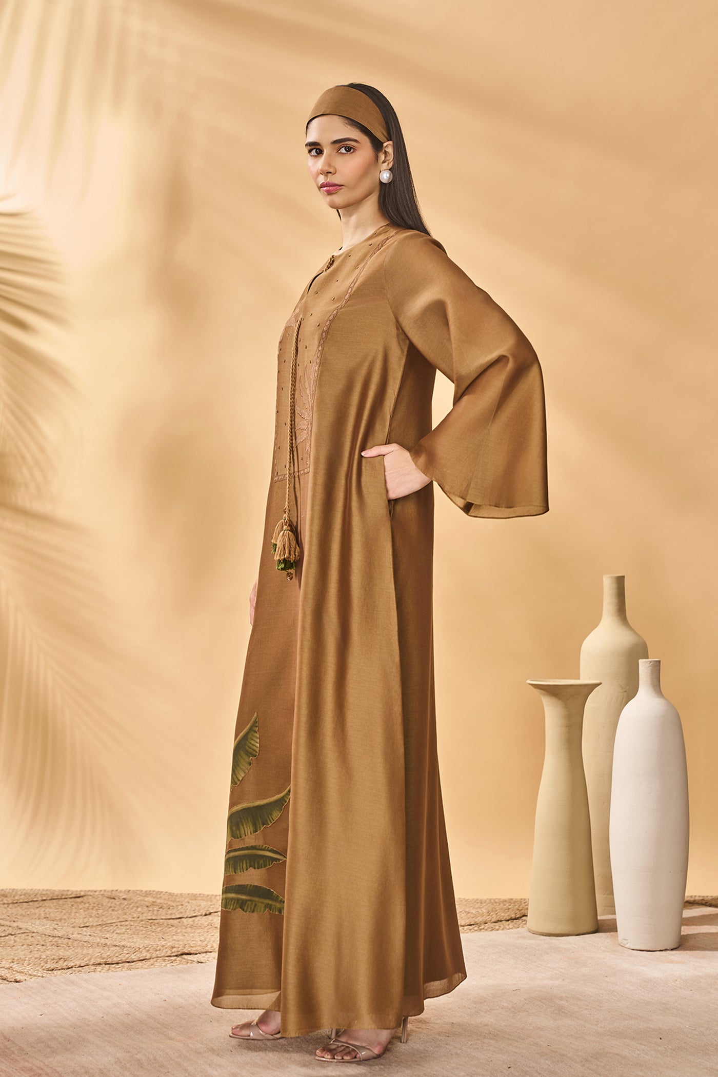 Masaba Tan Trellis Palm Kaftan indian designer wear online shopping melange singapore