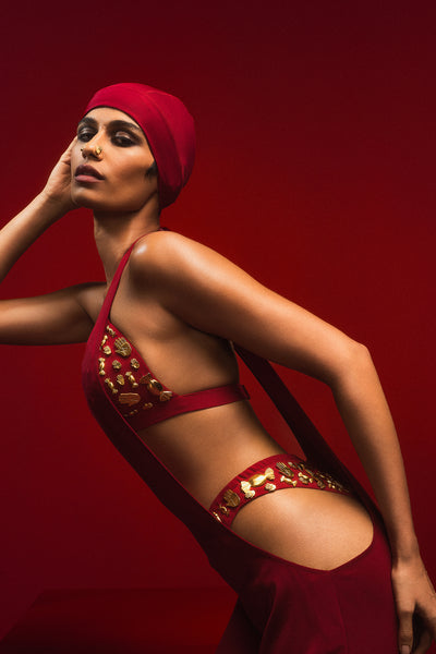 Masaba The Red Idgaf Dress With The Ruby Bra And Whip indian designer wear online shopping melange singapore