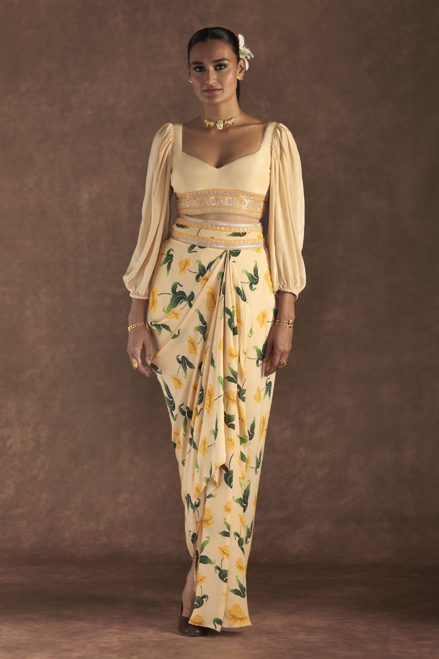 Masaba Vanilla Poppy  Petal Drape Skirt Set Indian designer wear online shopping melange singapore