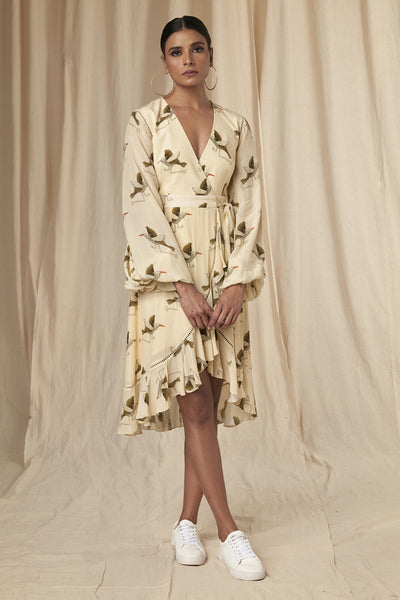 Masaba Ivory Gold Finch Wrap Mid Length Dress indian designer wear online shopping melange singapore
