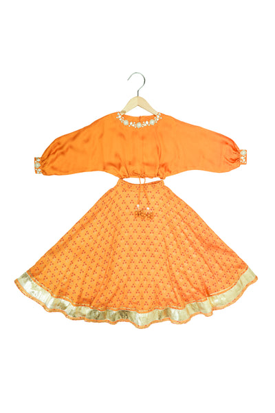 Mi Dulce An'ya Mirror Embroidered Printed Lehenga Set Saffron indian designer wear online shopping melange singapore