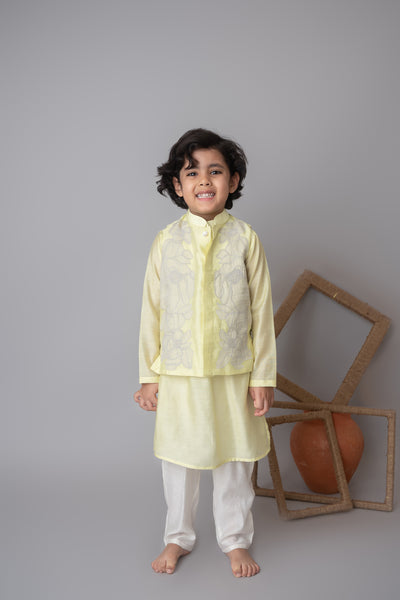 Mi Dulce An'ya Lemon Floral Applique Bandhgala And Kurta Set indian designer wear online shopping melange singapore