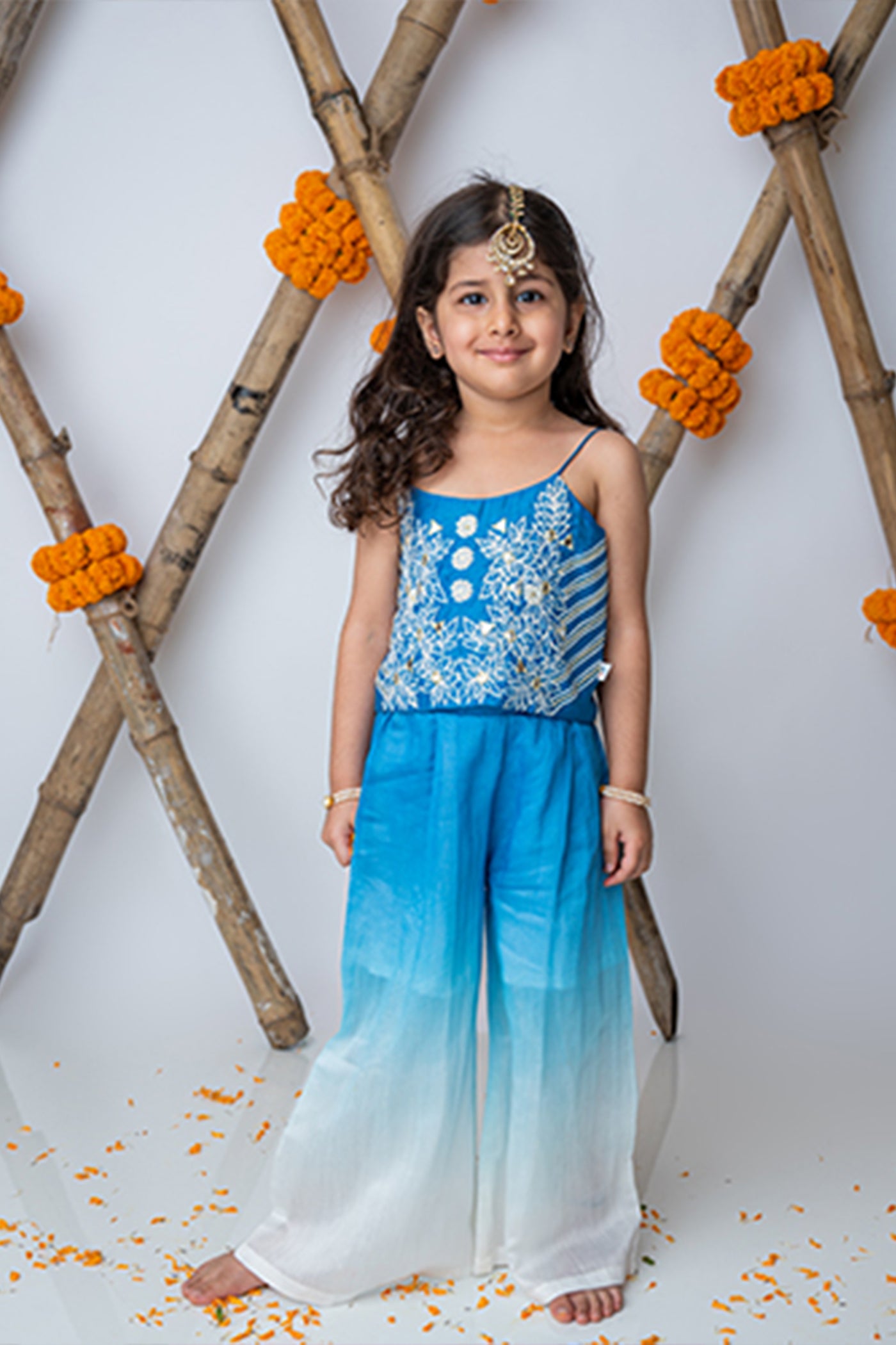 Mi Dulce Anya Embroidered Crop Top With Shaded Pants Cobalt indian designer wear online shopping melange singapore
