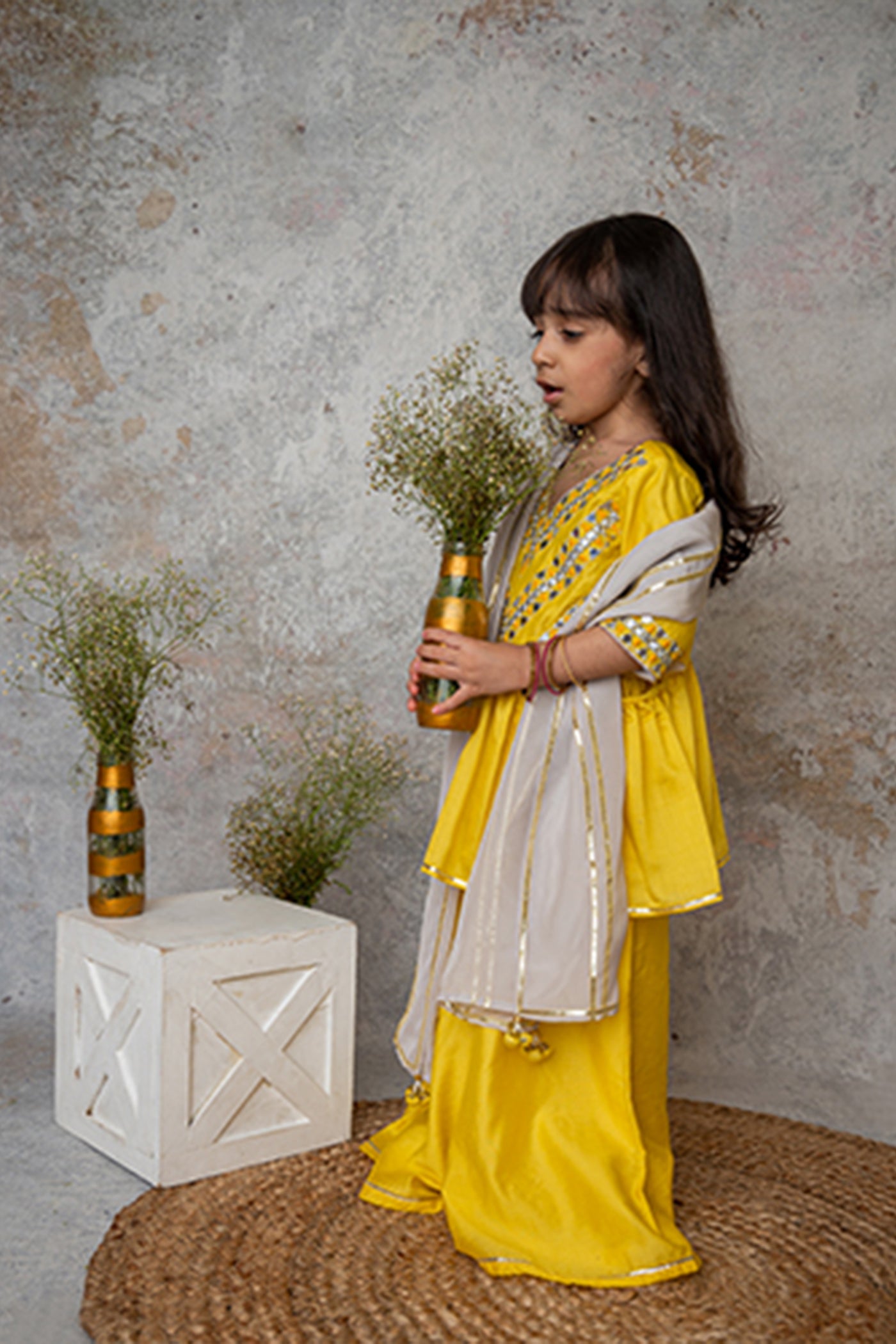 Mi Dulce Anya Mirror Embroidery Cut Out Sharara With Dupatta Yellow indian designer wear online shopping melange singapore