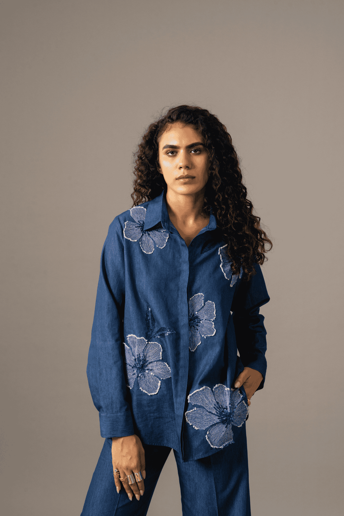 Namrata Joshipura Poppy Flower Emb Shirt Blue indian designer wear online shopping melange singapore 