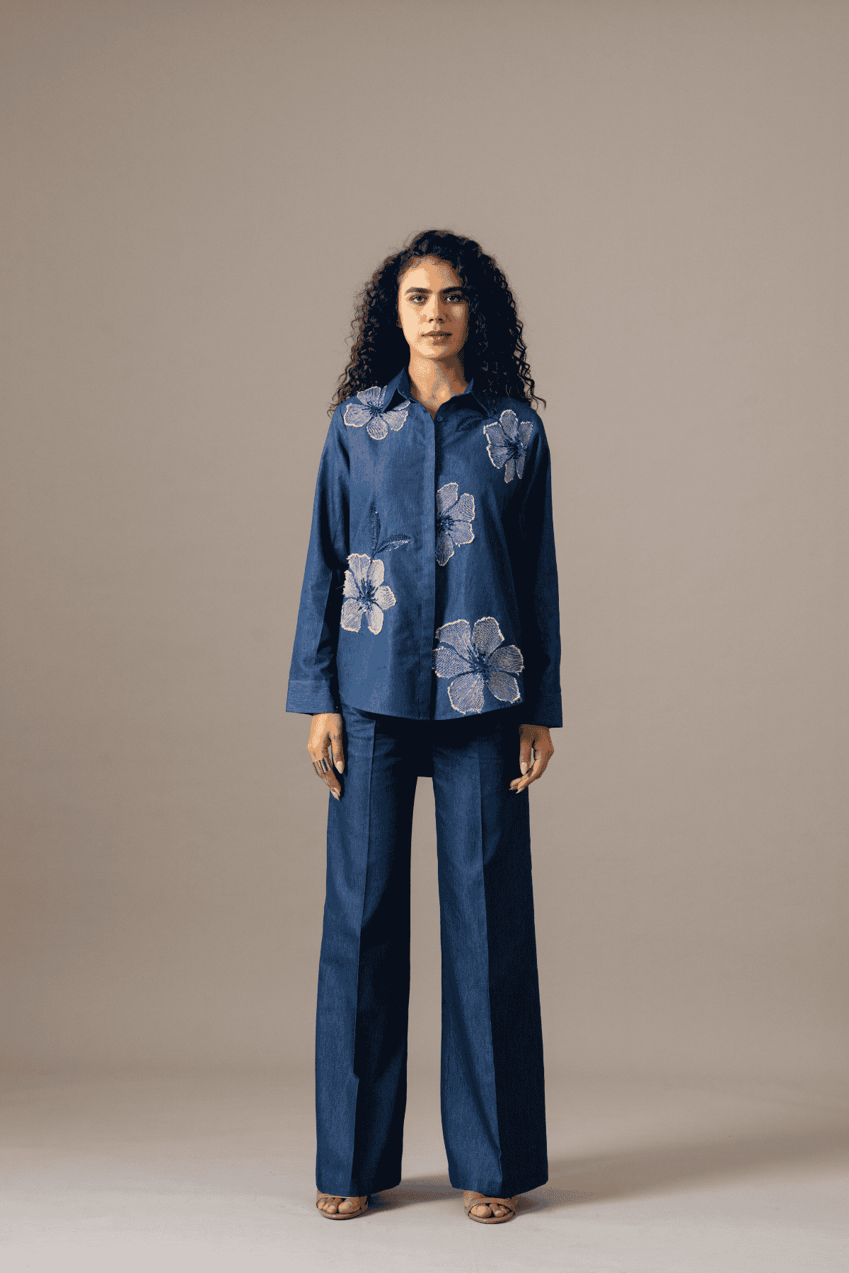 Namrata Joshipura Poppy Flower Emb Shirt Blue indian designer wear online shopping melange singapore 