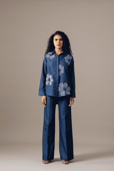 Namrata Joshipura Poppy Flower Emb Shirt Blue indian designer wear online shopping melange singapore 