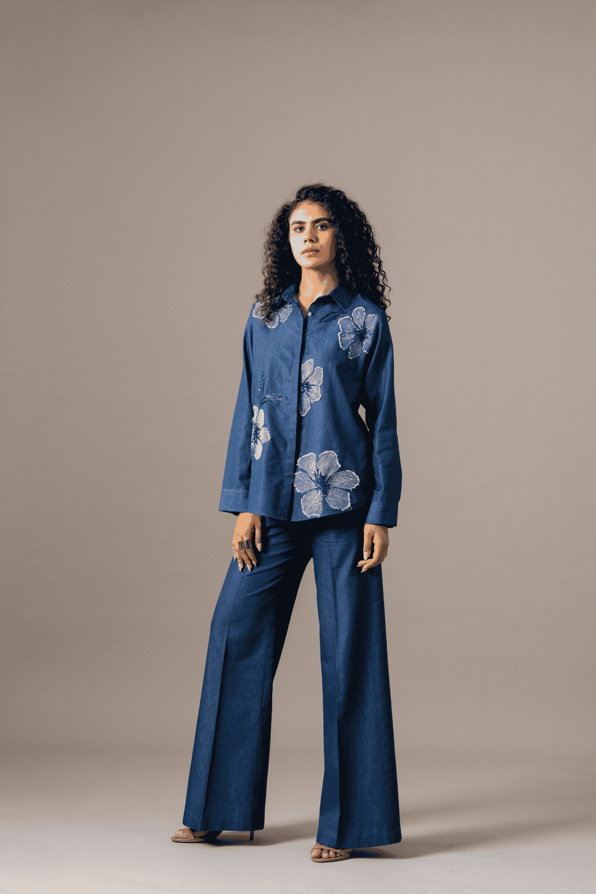 Namrata Joshipura Poppy Flower Emb Shirt Blue indian designer wear online shopping melange singapore 
