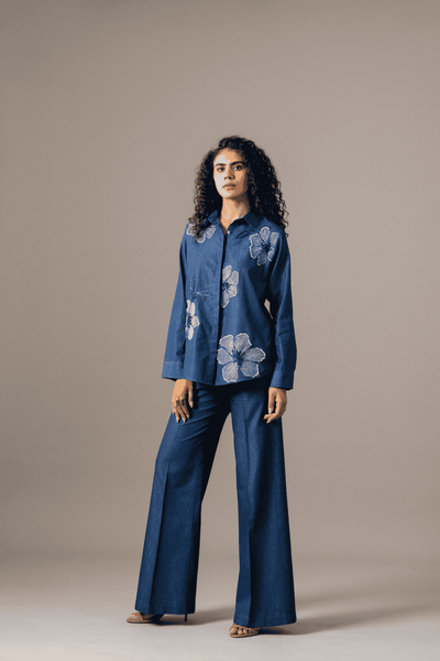 Namrata Joshipura Poppy Flower Emb Shirt Blue indian designer wear online shopping melange singapore 